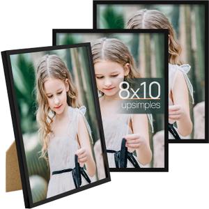 upsimples 8x10 Picture Frame Set of 3, Made of High Definition Glass for 8 x 10, Wall and Tabletop Display Thin Border Photo Frames for Home Decor, Black