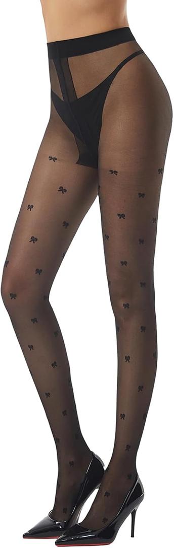 Patterned Tights for Women High Waist Pantyhose Black Sheer Stockings 15D (One Size, Bow)