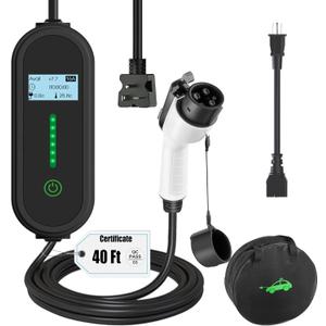 40Ft Cord EV Charger, 16Amp 110V/240V Portable Level 1 Level 2 Electric Vehicle Charging Station with NEMA 6-20 Plug & NEMA 5-15 Adapter for J1772 Electric Cars