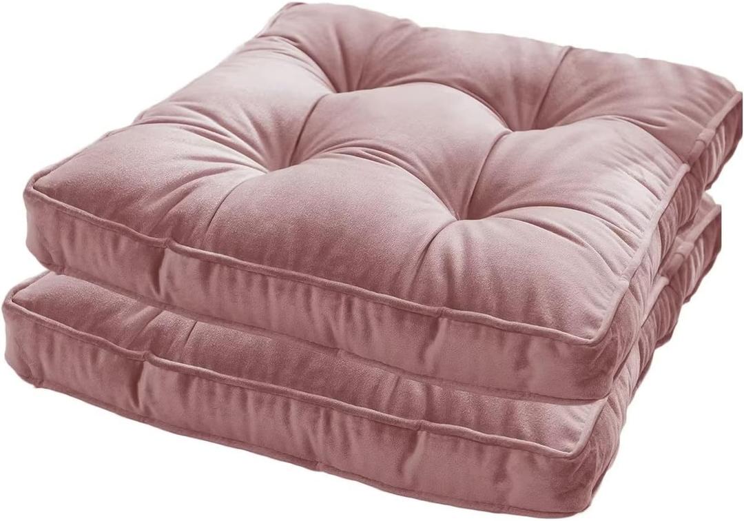 2 Pack Chair Pads with Ties Soft Velvet Seat Cushions Kitchen Dining Car Seat Floor Pillows Square Tatami Meditation Pad, Pink, 15.7x15.7x2.4