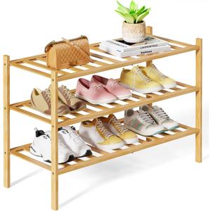 Kitsure Bamboo Wooden Shoe Rack for Closet - Stackable Shoe Organizer with Modular Structure, Space-Saving Shoe Shelf for Entryway, Living Room, Bedroom, 26.8" x 11" x 18.9", Natural (26.8"Wide - 3 Tiers, Nature)