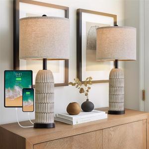 OYEARS 26.5" Bedside Table Lamps Set of 2, Farmhouse Table Lamp with USB A+C Charging Ports,Vintage Nightstand Lamp for Bedrooms and Living Rooms, Retro Resin End Table Lamp with Linen Shade,Black