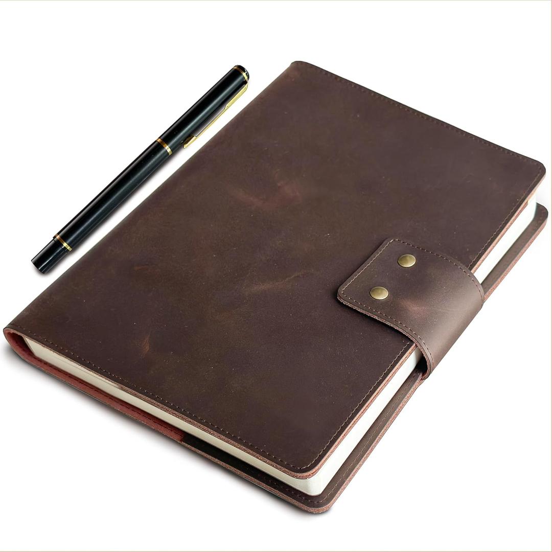 A5 Grid Leather Journal  Refillable 5x8 Notebook with 200 Pages, Genuine Leather Cover with Pockets and Pen Holder, Writing Notebook for Men and Women, Ideal for Office, School, and Business