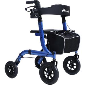 Rollator Walker for Seniors, Lightweight Foldable All Terrain Rolling Walker with seat, Aluminum Walkers with 10 inch Rubber Wheels, Handles and Backrest for Seniors and Adult (Blue)