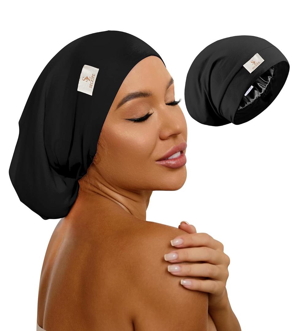 SECZIPE 100% Mulberry Silk Bonnet for Sleeping for Curly Hair and Braids, Wrap with Adjustable Strap for Women and Men,Real Silk, Not Satin, 1Pc,Black