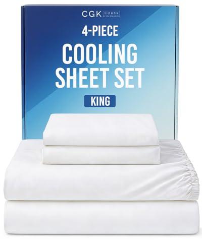 Cooling Sheets Set King Size - 4 Piece Summer Bed Sheets for Hot Sleepers - Cooling Bedding Set - Soft, Breathable, Lightweight - 1 Flat & 1 Fitted & 2 Pillowcases - Deep Pockets 8" to 16" - White"