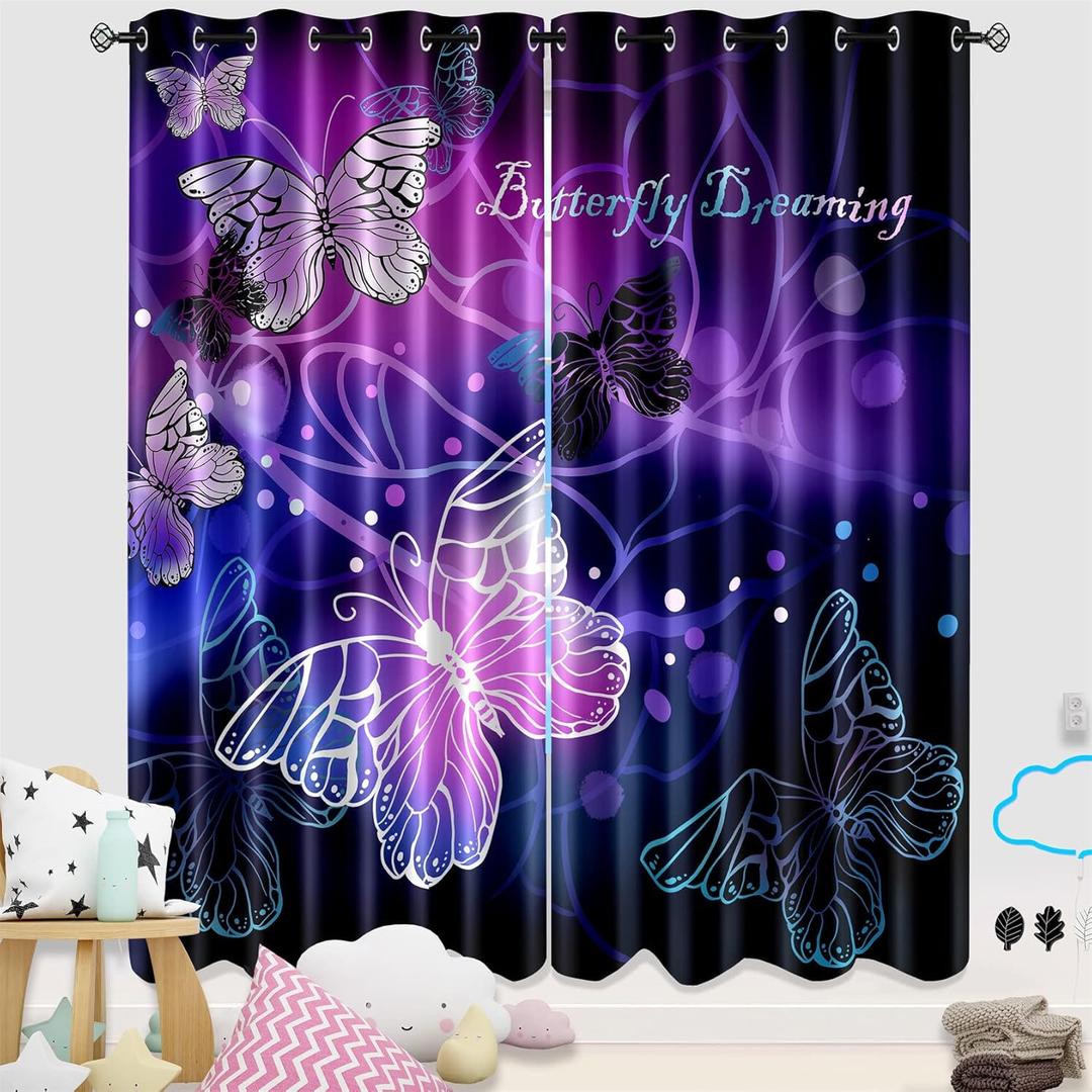 Butterfly Window Curtain Panels Purple Blackout Girls Curtains for Bedroom 2 Panels Curtains 84 inch Length for Girls Bedroom Nursery Room, 82" x 84"