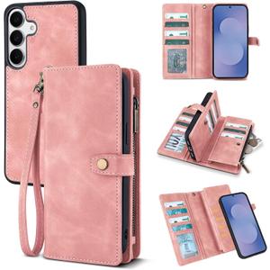 TwoHead Wallet Case Compatible with Samsung Galaxy S25 FE,Detachable Magnetic Phone Case,PU Leather All-Round Protective Cover Wallet,with Card Holder/Change Pocket(6.7 in,Pink)