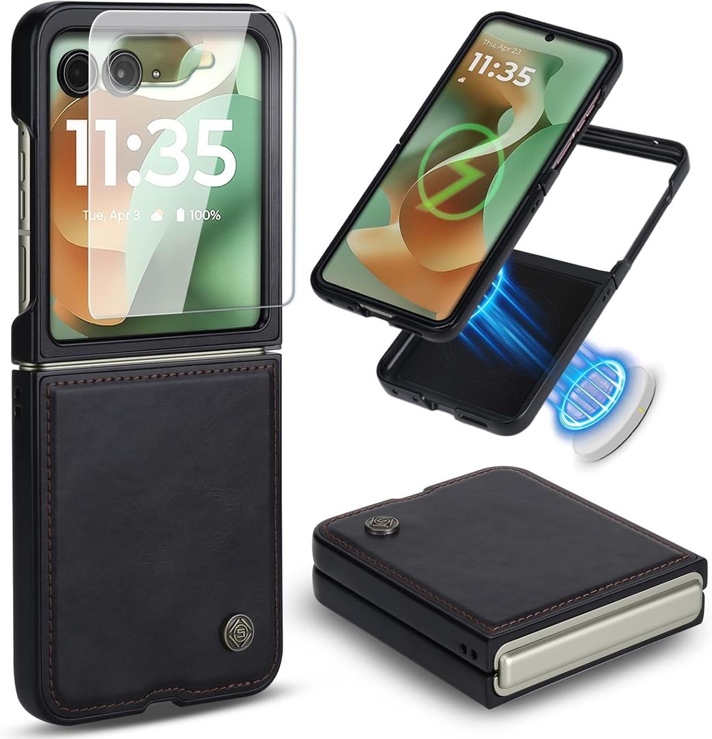 ASAPDOS Leather Folio Magnetic Case for Motorola Razr 2025/2024+ Plus[Compatible with MagSafe],Built-in Screen Protector and PU Leather Thin Slim Protective Case Cover for Man and Women Black