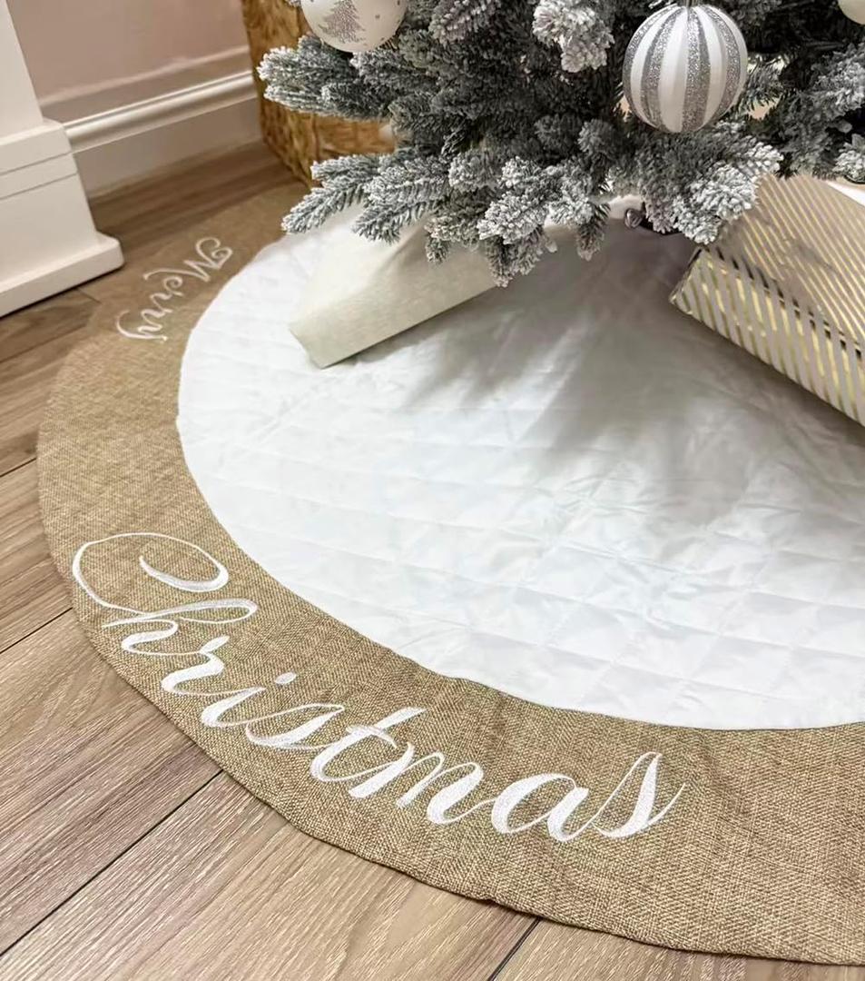 AISENO 48 Inch Christmas Tree Skirt White Thick Luxury Quilted Cotton with Burlap Decoration for Merry Christmas Party Christmas Tree Skirt Decorations