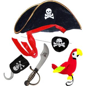 Vegove Kids Pirate Hats Set with Eye Hook Patch Toy Plush Parrot & Sword Halloween Hat Parties Costume