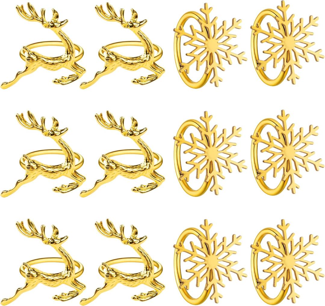 Gold Christmas Napkin Rings Set of 12, Reindeer and Snowflake Napkin Holders for Thanksgiving and Christmas Banquets, Daily Receptions