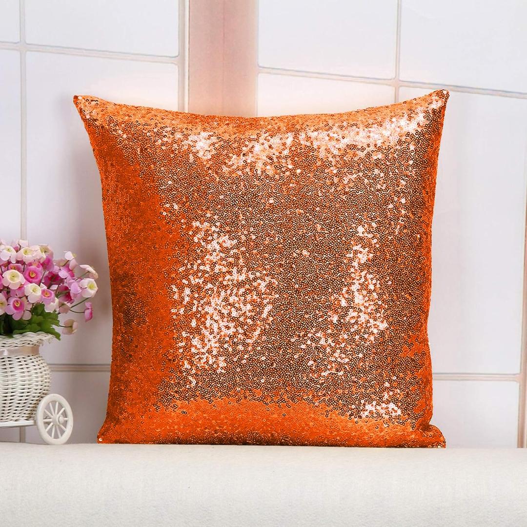 ShinyBeauty Throw Pillow 12X12-Orange Sequin Cover for Sofa, Sparkly Designer Decorative Pillows for Bed, Sequined Cover