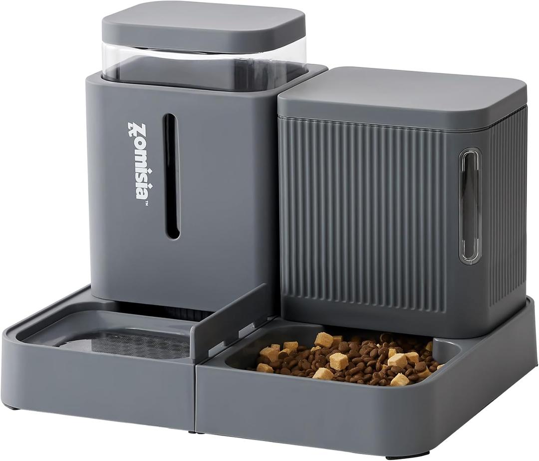 Gravity Cat Feeder and Water Dispenser, 2 in 1 Automatic Cat Feeder with 180 Degree Rotatable, 2 Pack Large Capacity Self Feeding for Small Medium Dog Puppy Kitten, Grey, 0.8 Gallon x 2