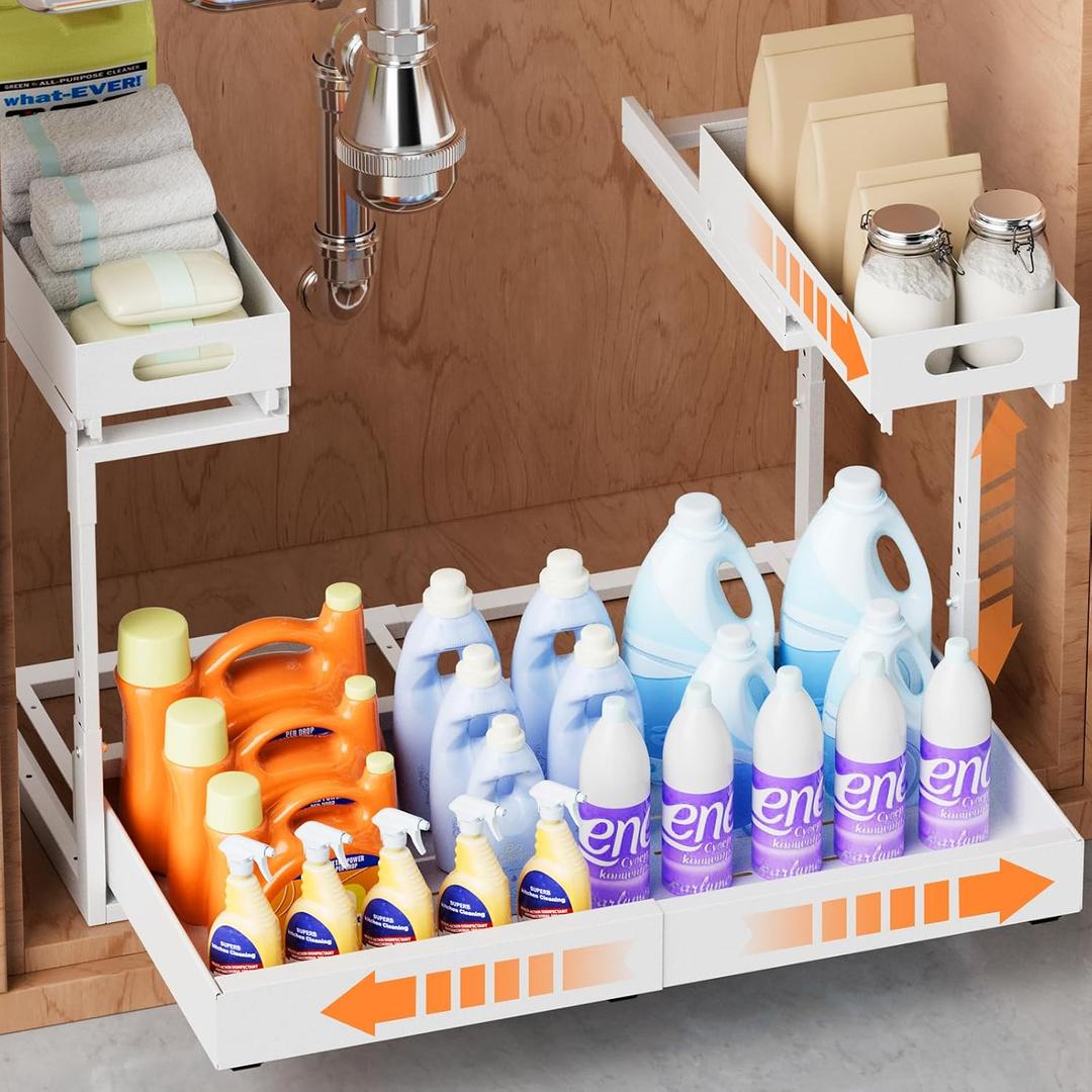 Upgrade 1 Pack Expandable Under Sink Organizers and Storage, 2 Tier Metal Pull Out Cabinet Organizer with 3 Slide Rails, Adjustable Height Slide Out Under Sink Drawers for Kitchen Bathroom Pantry, 1 Pack 15-25