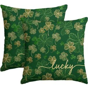 AVOIN colorlife St Patricks Day Lucky Shamrock Throw Pillow Cover, 18 x 18 Inch Clover Golden Shimmer Cushion Case Decoration for Sofa Couch Set of 2