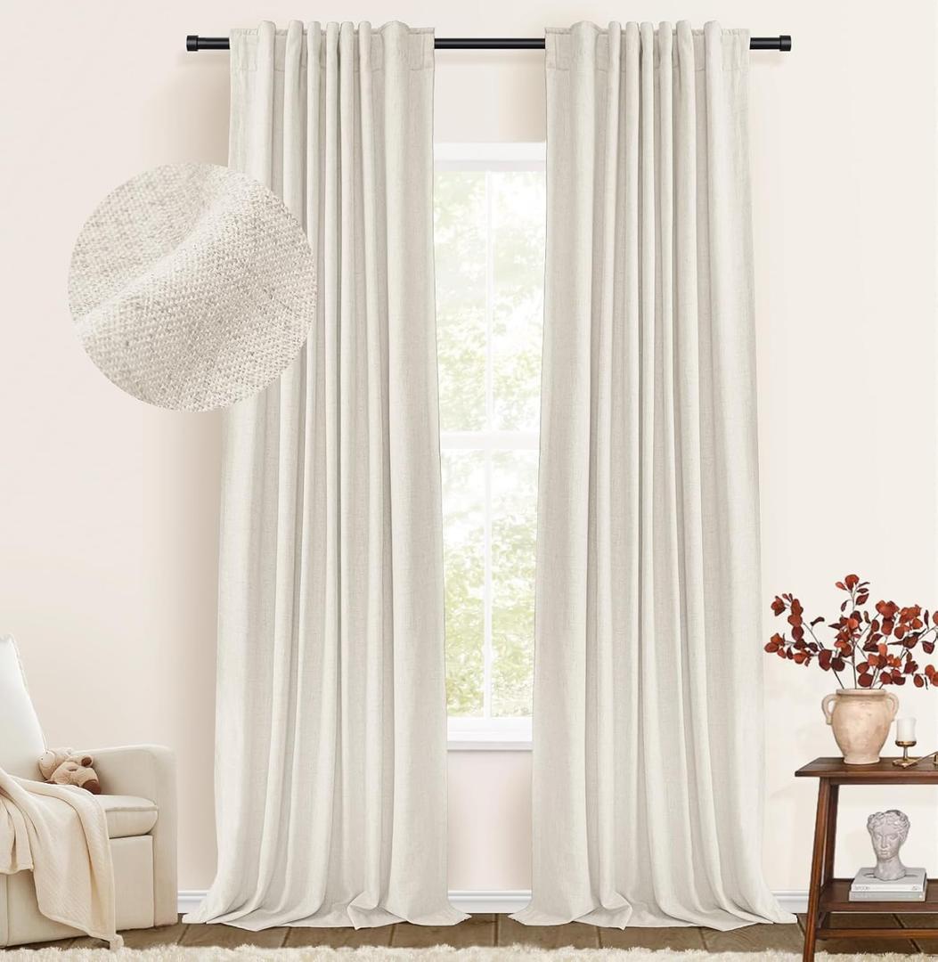 100% Blackout Shield Blackout Curtains for Bedroom Faux Linen Black Out Curtains 84 inch Length 2 Panels Set, Back Tab/Rod Pocket Thermal Insulated Drapes with Black Liner, 50''W x 84''L, Beige