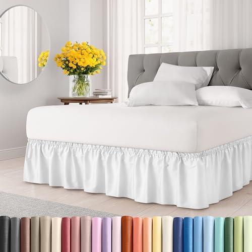 Wrap Around Dust Ruffle Bed Skirt - White - for Full Size Beds with 12 Inch Drop - Easy Fit Elastic Strap - Adjustable Pleated Bedskirt w/Brushed Fabric - Wrinkle Free - for Women, Men, Kids & Teens