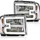 Headlight Assembly with LED DRL Bar Compatible with 2005 2006 2007 Ford F250 F350 F450 F550 SuperDuty Headlamp(Clear lens Chrome Housing Amber Reflector)