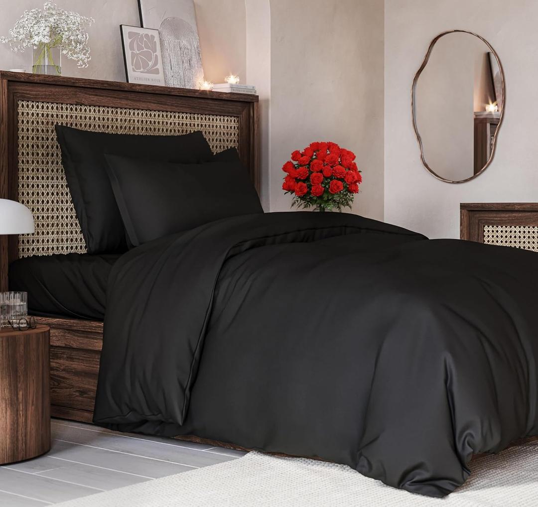 Duvet Cover Twin/Twin XL Size Set - Extra Soft Duvet Cover 68 x 90 with 1 Pillow Sham - Hotel Luxury, Easy Care and Fade Free with Zipper Closures & Ties - Comfy, Cozy Breathable Bedding Set (Black)
