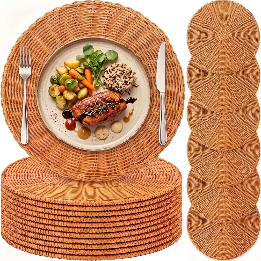 12 Pcs Round Rattan Placemats,Boho Charger Plates for Dining Table, 11.8 inches