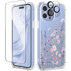 GVIEWIN for iPhone 13 Pro Case Floral, with Screen Protector&Camera Lens Protector,[Non Yellowing] Soft Shockproof Clear Phone Protective Cover for Women, Flower Pattern Design 6.1" (Floratopia)