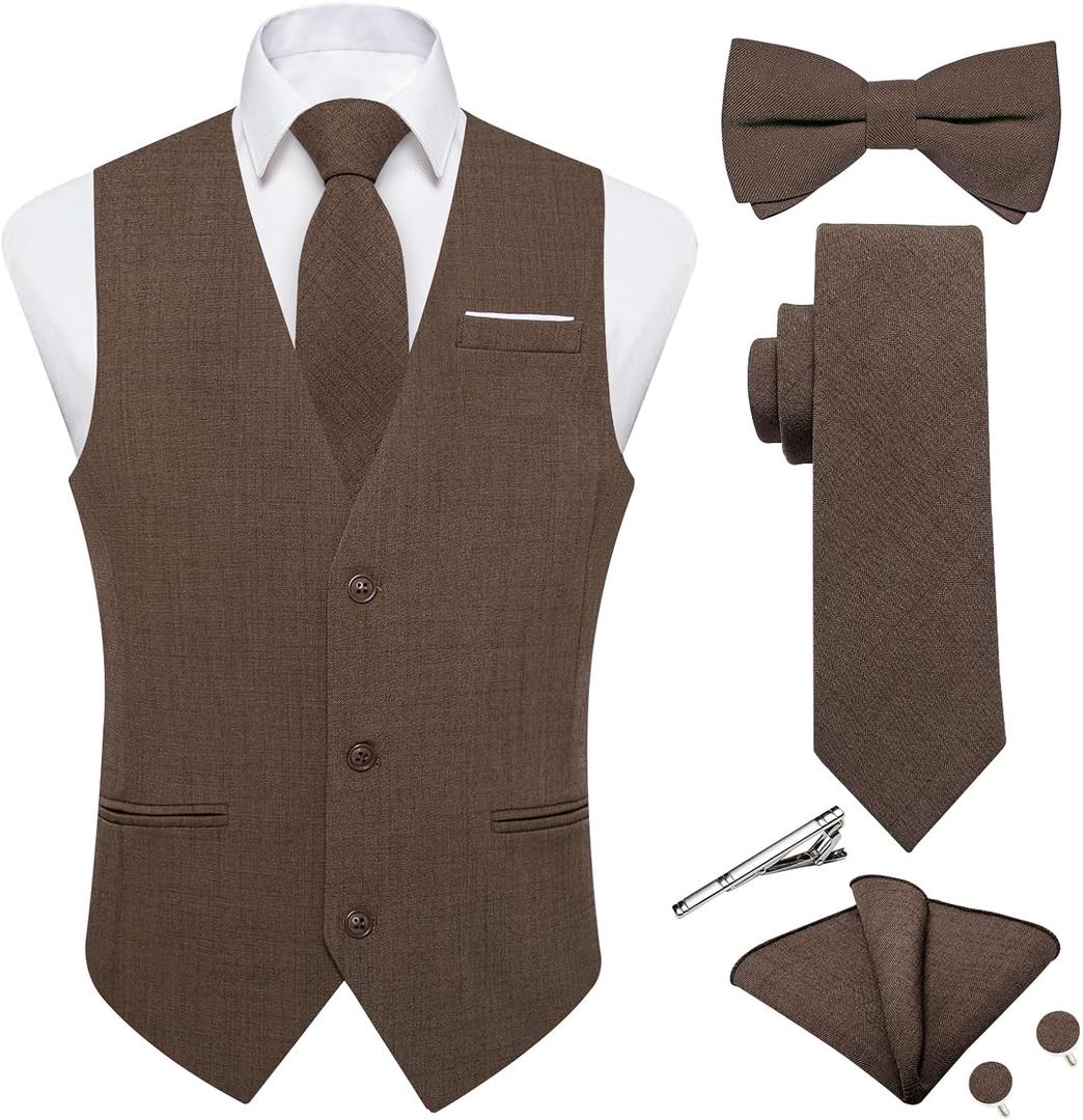 DiBanGu Mens Linen Suit Vest Casual Waistcoat and Necktie & Pre-tied Bowtie Set 6PCS Solid Color Dress Vest for Wedding Party (Large, Brown)