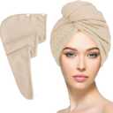 Microfiber Hair Drying Towel with Button 1Pack Khaki Waffle Long Hair Head Wraps Twist Plopping Curly Shower Turban Terry Cloth Fast Absorbent Dry Anti Frizz Hair Wraps for Women Wet Hair