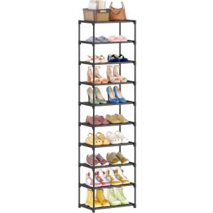 10 Tier Tall Shoe Rack, Non-Woven Fabrics Compact Narrow Shoe Stand Shelf, Vertical Small Space Saving Storage Organizer for Closet Floor, Front Door Entrance, Entryway, Black