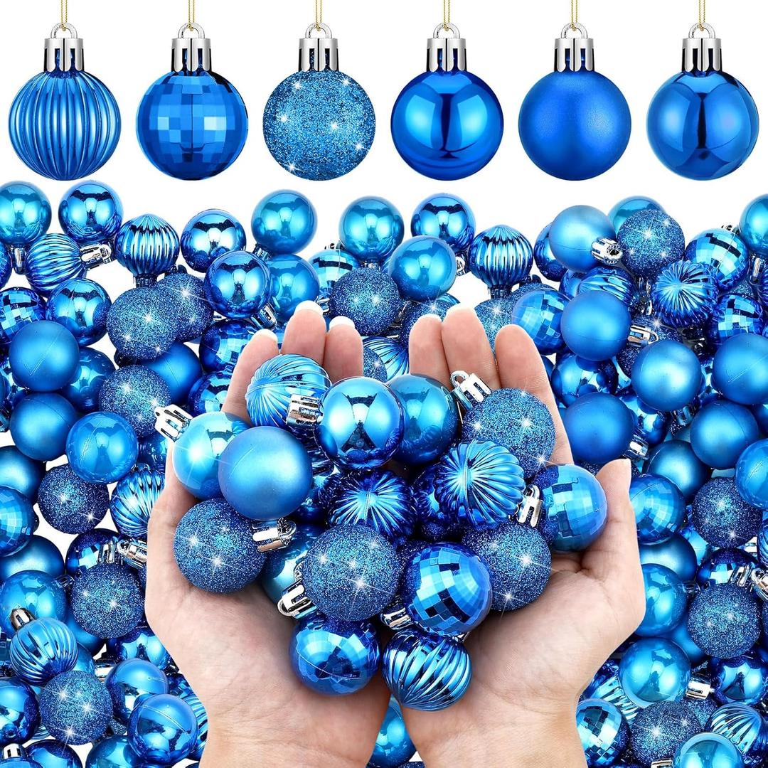 Shappy 216 Pcs Mini Christmas Ball Ornament 1.18 Inch Small Christmas Tree Decorations 6 Styles Shatterproof Xmas Ball with Hanging Loop for Holiday Party Wreath Xmas Tree(Royal Blue)