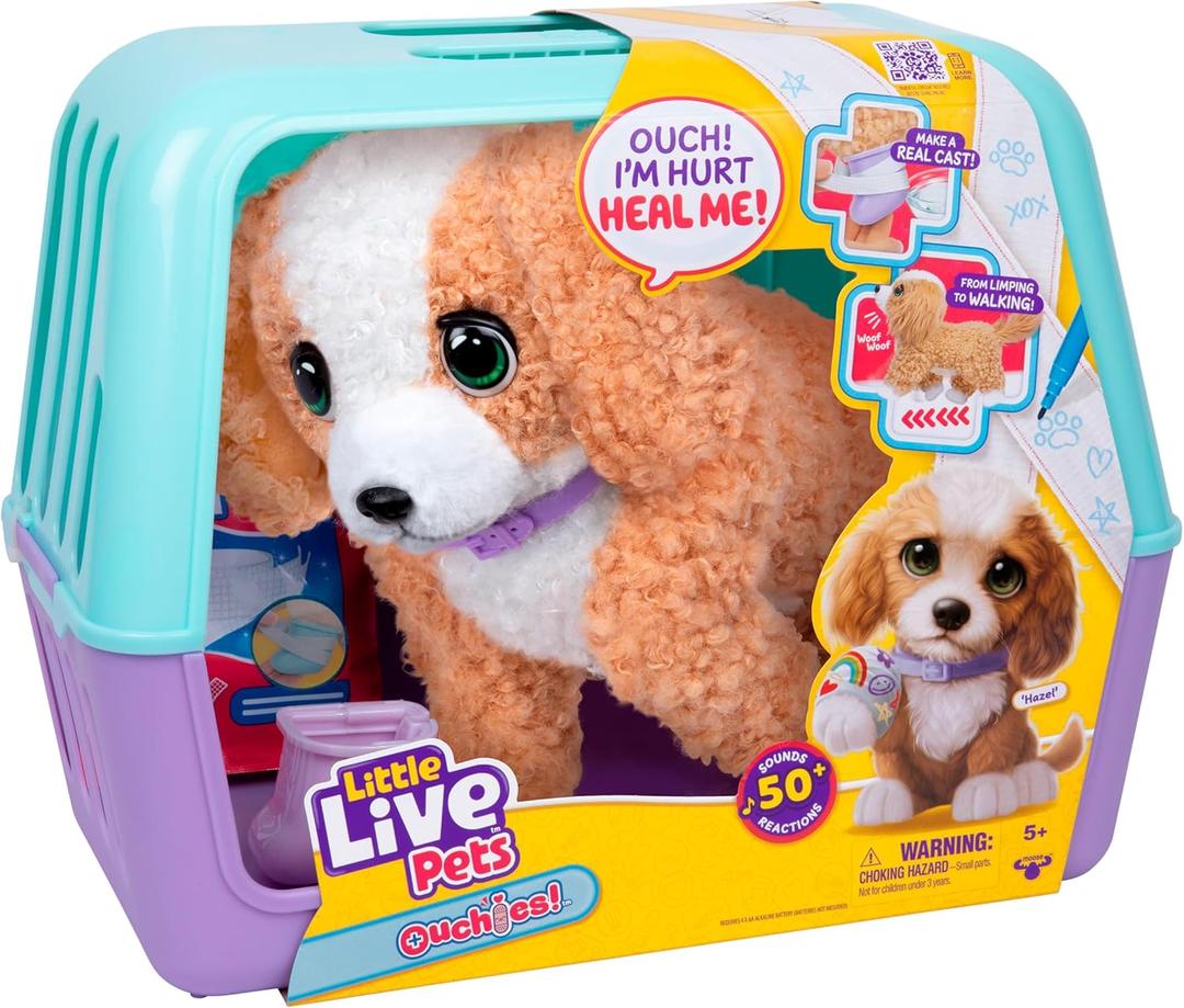 Little Live Pets Ouchies Hazel The Poodle Plush, 50+ Sounds, Limping to Walking Puppy Toy & Carrier, Interactive Toy Dog for Kids 5+