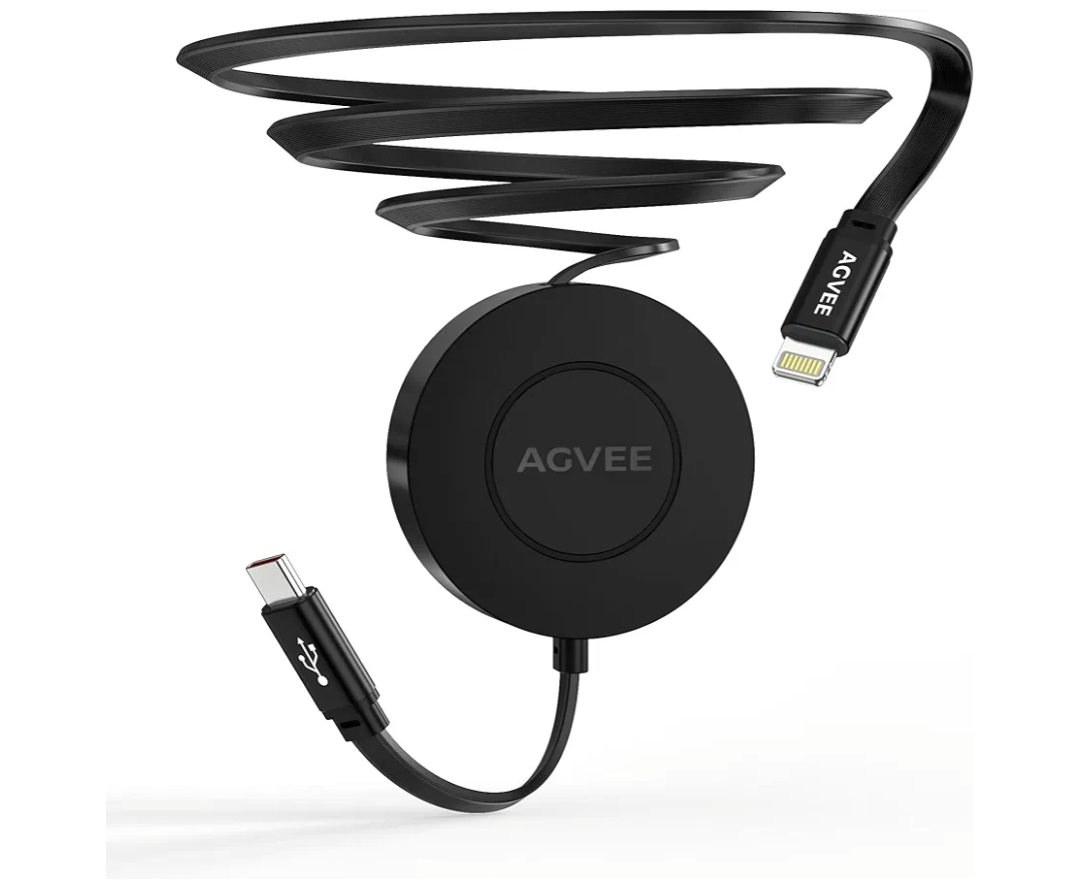 AGVEE 1.6ft Fixed / 2.3ft Extend USB-C to Lightning Charger Cable Mountable One Way Retractable 27W Fast Charging Cord, Pocket-Sized for iPhone 14 13 12 11 XS, Desk Organizer, Black