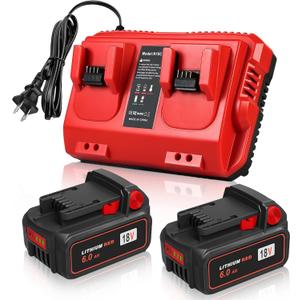 Upgraded 18V 6.0Ah Batteries Replacement for Milwaukee M-18 Battery 2Pack and 1 Charger Combo Set(2-Port) (Black&Red)
