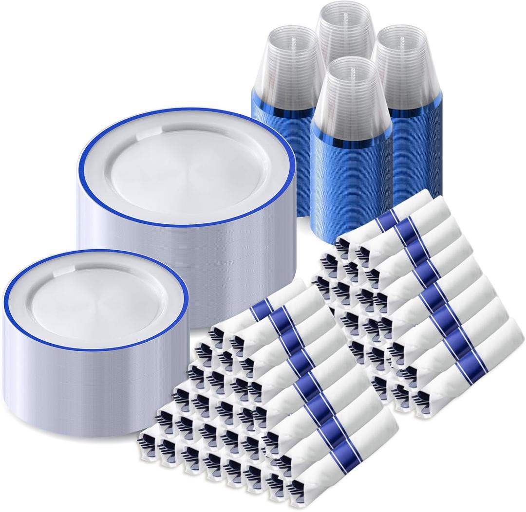 Goodluck 700 Piece Dark Blue Plastic Dinnerware Set for Party, Clear Disposable Plates for 100 Guests, Include: 100 Dinner Plates, 100 Dessert Plates, 100 Pre Rolled Napkins with Cutlery Set, 100 Cups