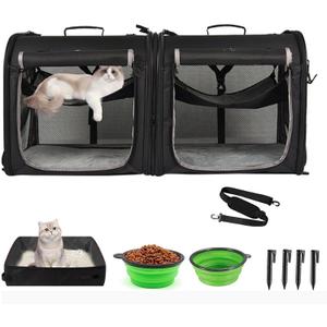 Portable 2-in-1 Pet Carrier for Medium Dogs Large Cat Carrier for 2 Cats Travel Double Dog Crate Set with Portable Carry Bag/Hammocks/Mats/Tent Stakes/2 Pcs Pet Bowls for Outdoor Camping (2.0 Black)