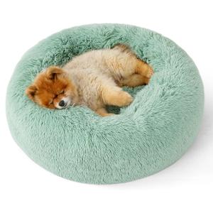 Bedsure Calming Dog Bed for Small Dogs - Donut Washable Small Pet Bed, 23 inches Anti-Slip Round Fluffy Plush Faux Fur Large Cat Bed, Fits up to 25 lbs Pets, Apple Green