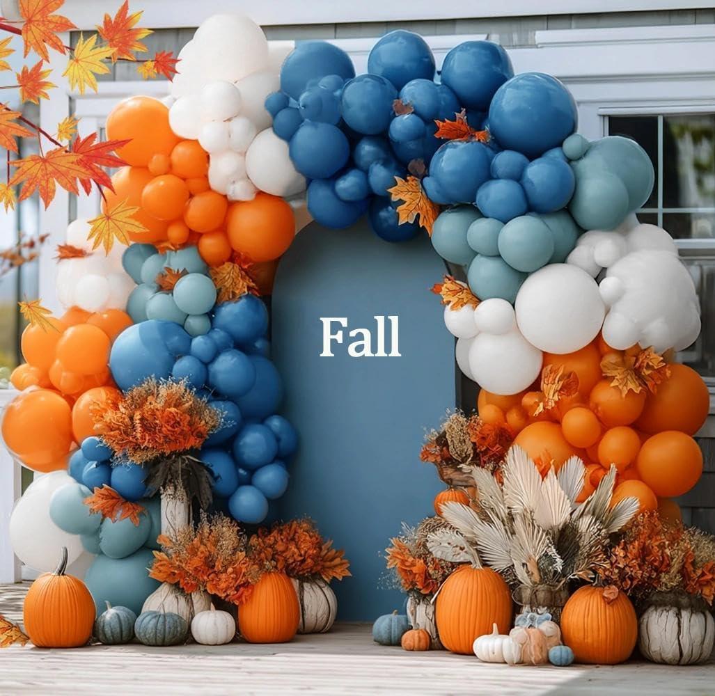 Fall Balloon Arch Kit, Double Stuffed Burnt Orange Blue White Balloon Garland Different Sizes for Fall Autumn Pumpkin Thanksgiving Birthday Baby Shower Bridal Wedding Party Decor