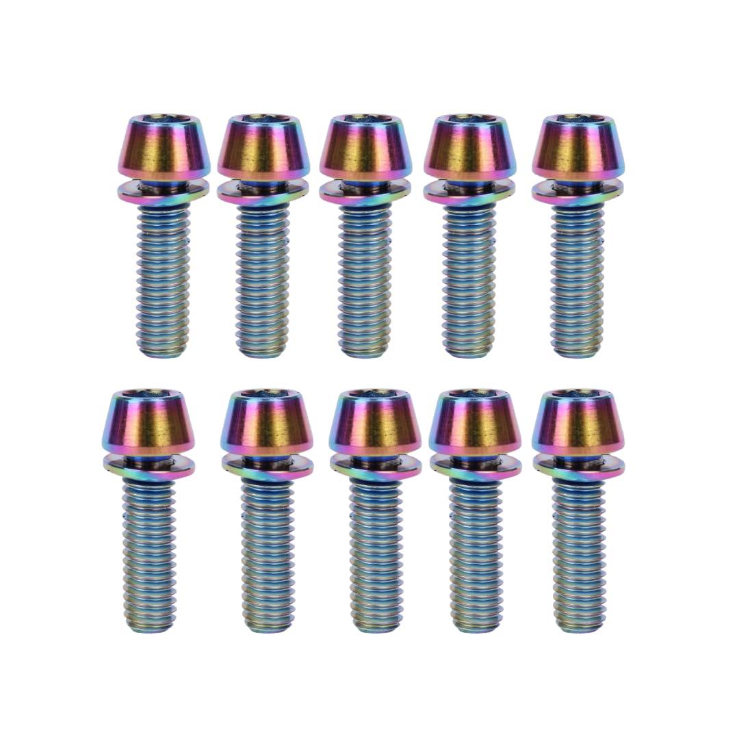 ONIPAX M5x20mm Bike Allen Hex Tapered Stainless Bolts Screws with Washer for MTB STEM (Rainbow 10pcs)