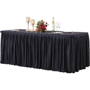 Black Polyester Table Clothes for 8 Foot Rectangle Tables, Wrinkle Free Fitted Table Cover with Pleated Ruffle Table Skirt for Birthday Party Wedding Trade Show Event Display