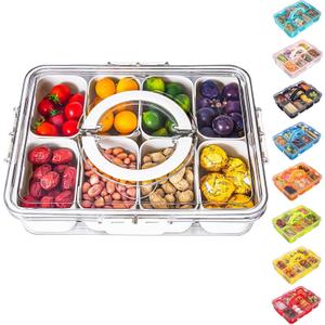Dingerjar Divided Serving Tray with Lid and Handle - Snackle Box Charcuterie Container for Portable Snack Platters - Clear Organizer for Candy, Fruits, Nuts, Snacks - Perfect for Party, Entertaining (White)