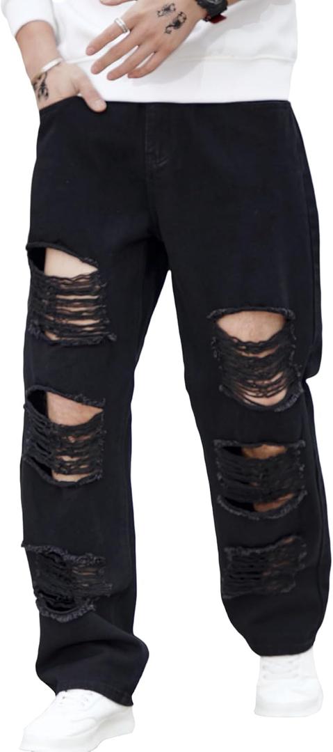 WDIRARA Men's Cut Out Ripped Frayed Zipper Fly Long Straight Leg Denim Jeans Black Plain M