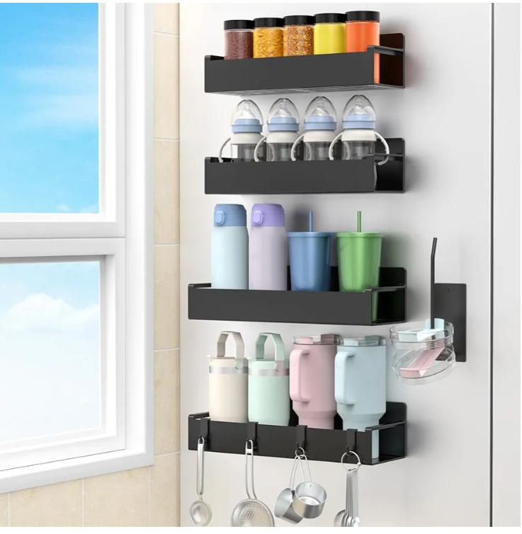 Magnetic Water Bottle Holder for Refrigerator, Cup Holder Organizer for Stanley and Tumbler for Kitchen, 4 Pack, Black