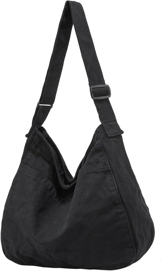 Canvas Tote Bag Casual Hobo Crossbody Shoulder Bag for Women and Men Large Purse Messenger Bag Travel Work (0-black)