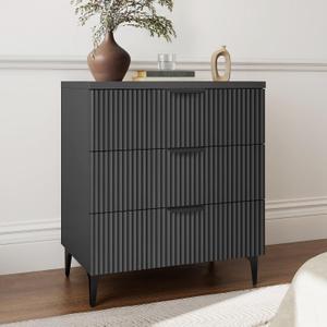 25.6" W Black Fluted Nightstand with 3 Drawer, Modern Wood Night Stands | Bedside Table for Bedroom King/Queen Bed, End Table with Robot-friendly Legs for Living Room,Entry, 25.6" W x 13.78" D x 29.53" H