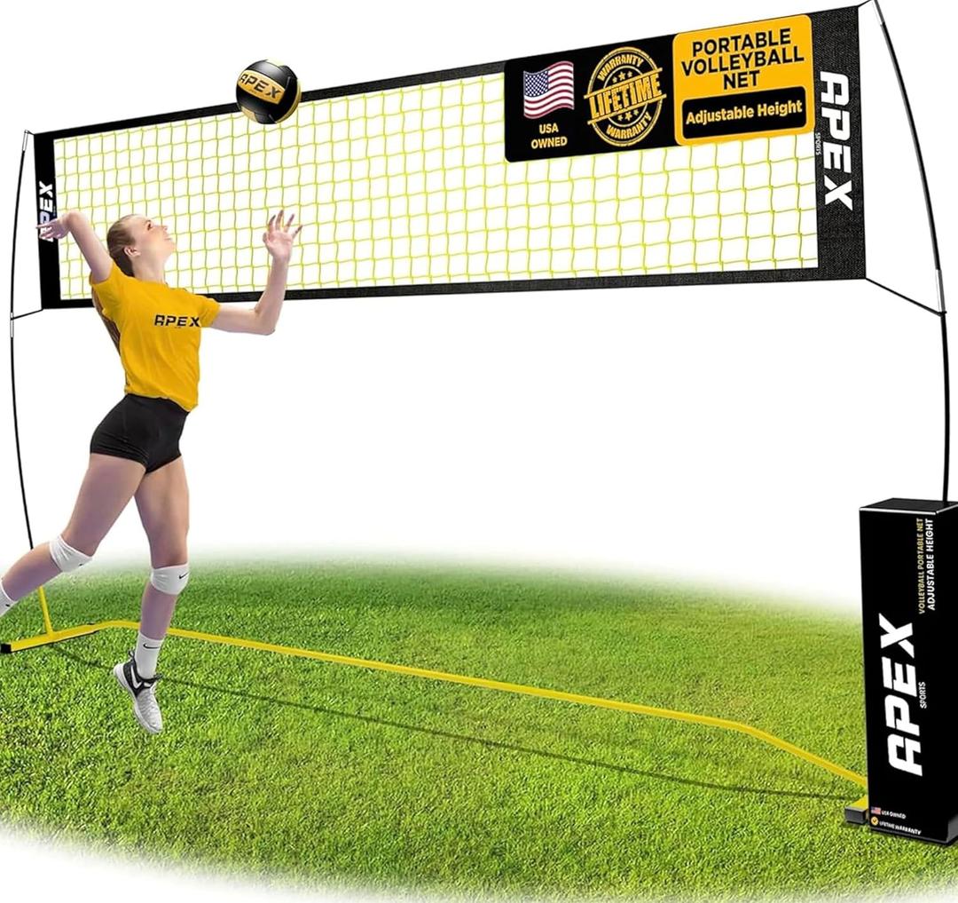 Apex Sports Volleyball Net Training  12' Wide, Portable Adjustable Height 7.4' to 8'  Includes Ground Stakes, Carry Bag  Indoor & Outdoor Use, Designed by Pro Athletes for Peak Performance