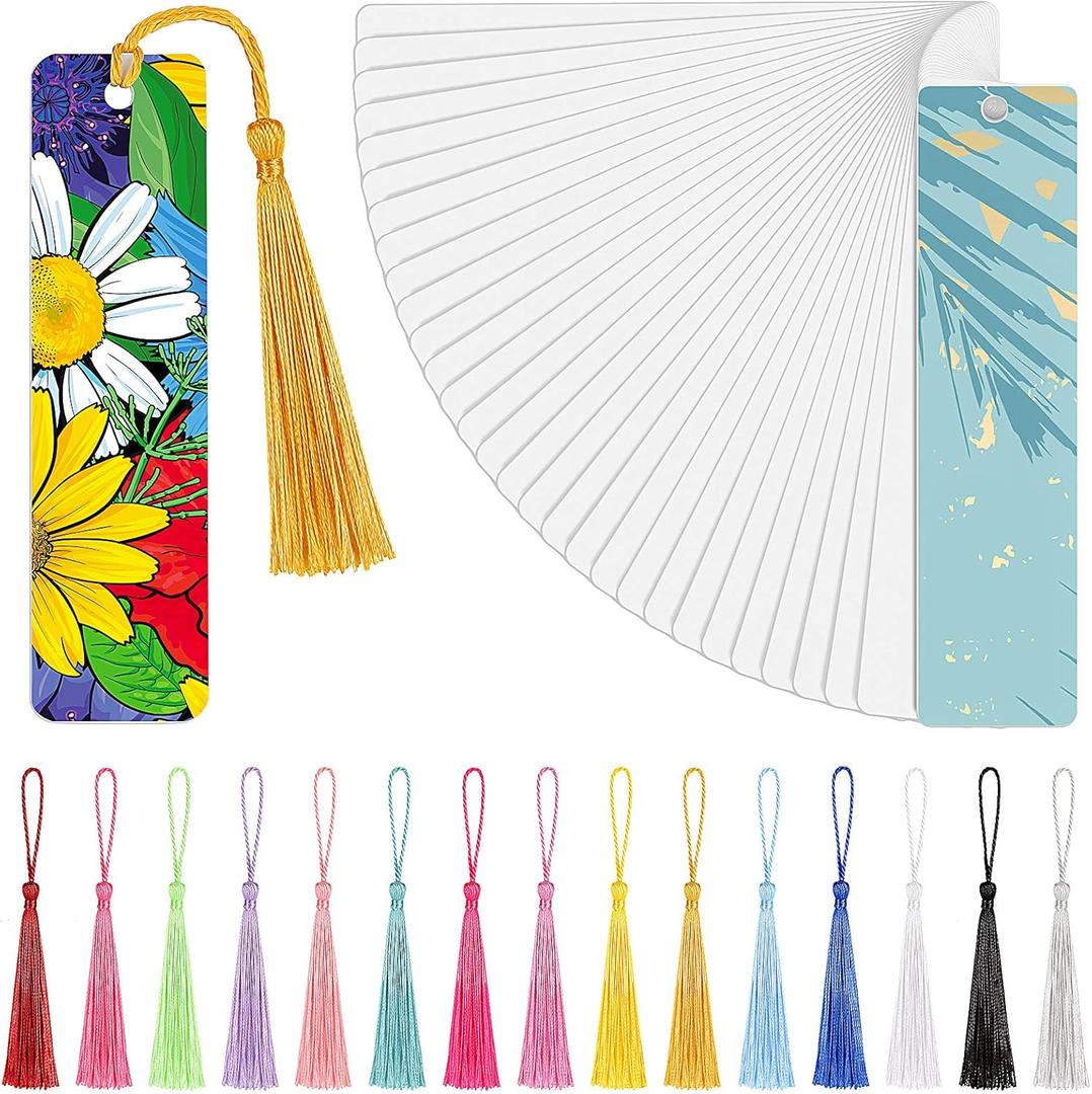 Tenare 30 Pieces Sublimation Blank Bookmarks Metal Heat Transfer Aluminum Bookmarks Bulk with Hole and Colorful Tassels for School Birthday Wedding DIY Projects and Gift Tag