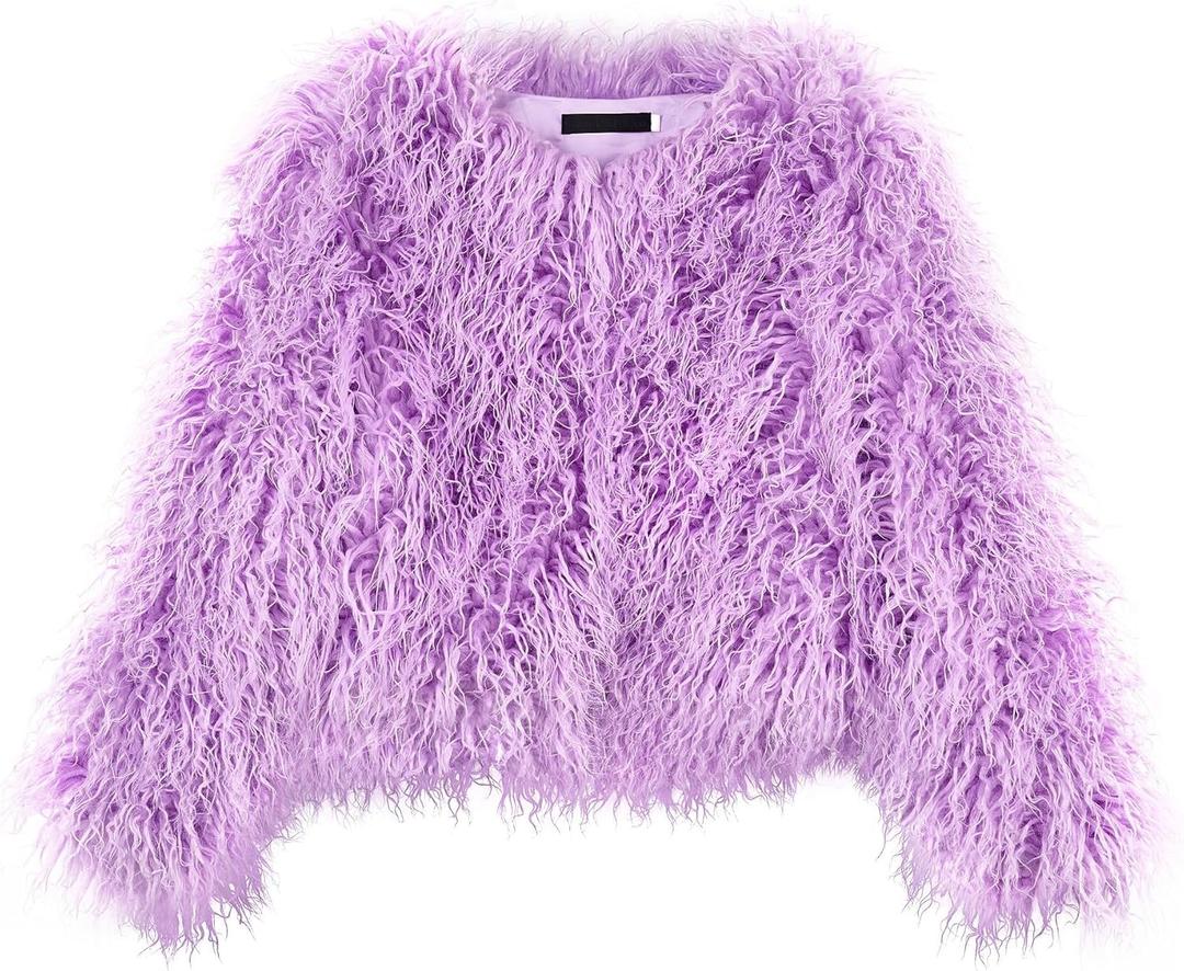 Women's Shaggy Faux Fur Outwear Coat Jacket Long Sleeve Warm Winter (XX-Large, Light Purple)
