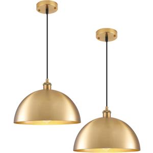 Gold Pendant Lights, 11.8" Farmhouse Pendant Light for Kitchen Island, Vintage Pendant Light Fixtures for Dining Room, Living Room, Bedroom, Dome Pendant Lighting, 2 Pack