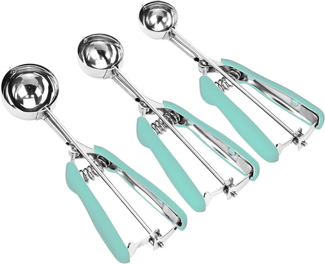 Cookie Scoop Set, 3Pcs Ice Cream Scoop, Cookie Scoops for Baking Set of 3, 18/8 Stainless Steel Cookie Scooper for Baking, Ice Cream Scooper with Trigger Release, Mint Soft Grip Cookie Dough Scoop