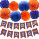 Blue Graduation Orange Party Decoration Class Banner Hanging Pom Poms Flowers High School College Grad Supplies
